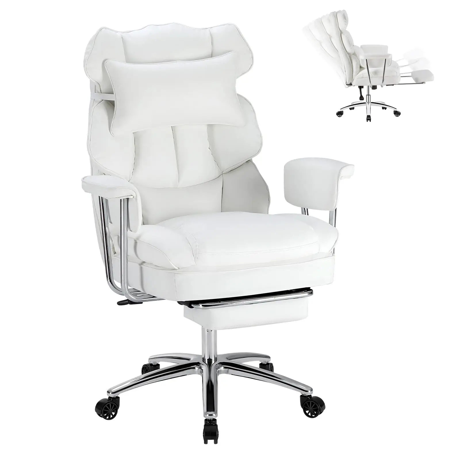 

White PU Leather Executive Office Chair With Adjustable Height, 360° Swivel Base, Retractable Footrest, Padded Armrests And