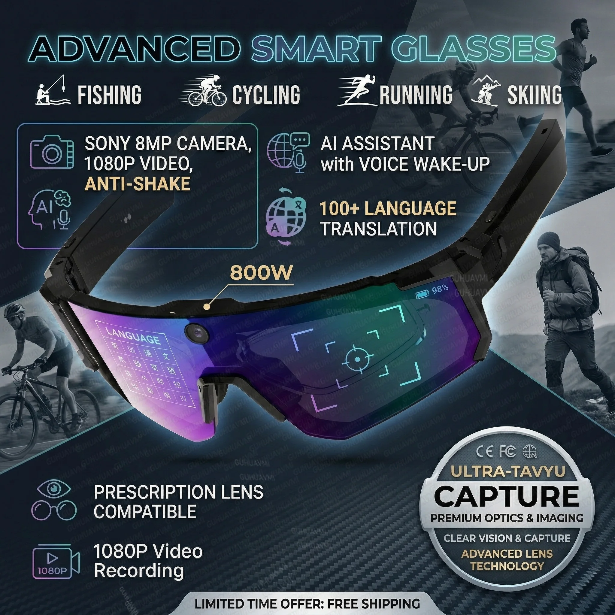 AI Smart Glasses Camera 1080P HD Video 3200W Photo 32GB WiFi EIS Anti-shake Polarized Sunglasses Voice Control AI Translation
