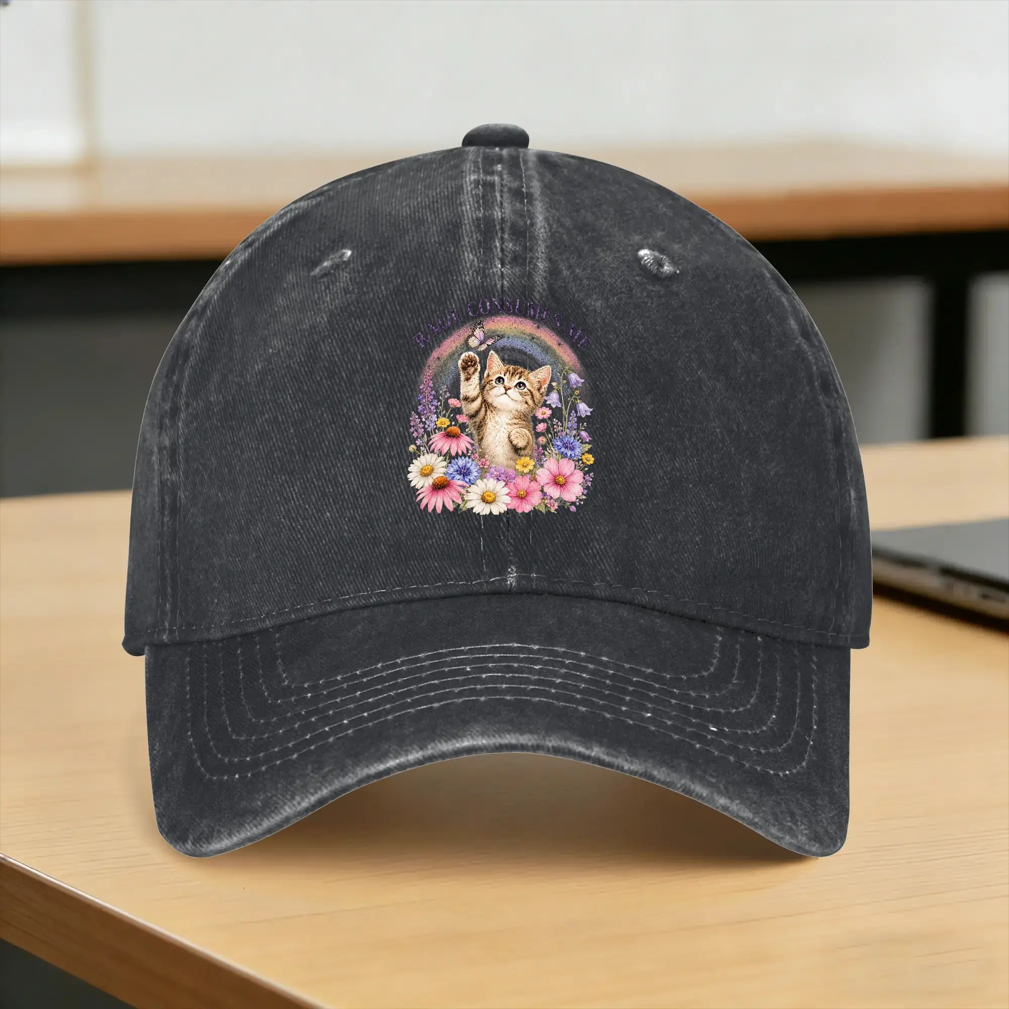 Summer Cute Cat Rage Consumes Me Funny Sarcastic Kitten Flower Baseball Cap Sun  Dropshipping Print Washed Trucker Hat Hippie