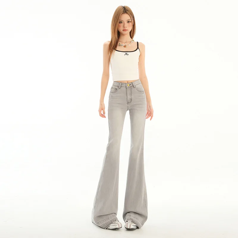

American Style Smoky Gray Slightly Flared Jeans Women's Spring and Summer New High Waist Slimming Sense of Design Flared Pants