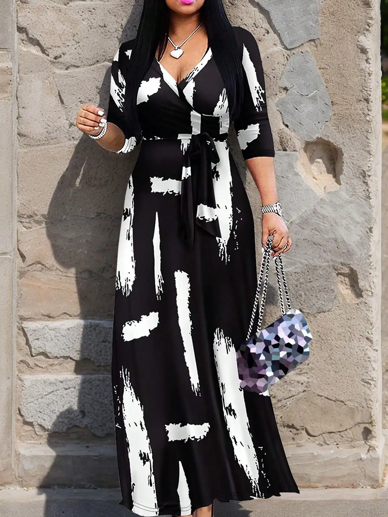 

Women's V-Neck Long Sleeve Maxi Dress with Abstract Brushstroke Print and Self-Tie Waist