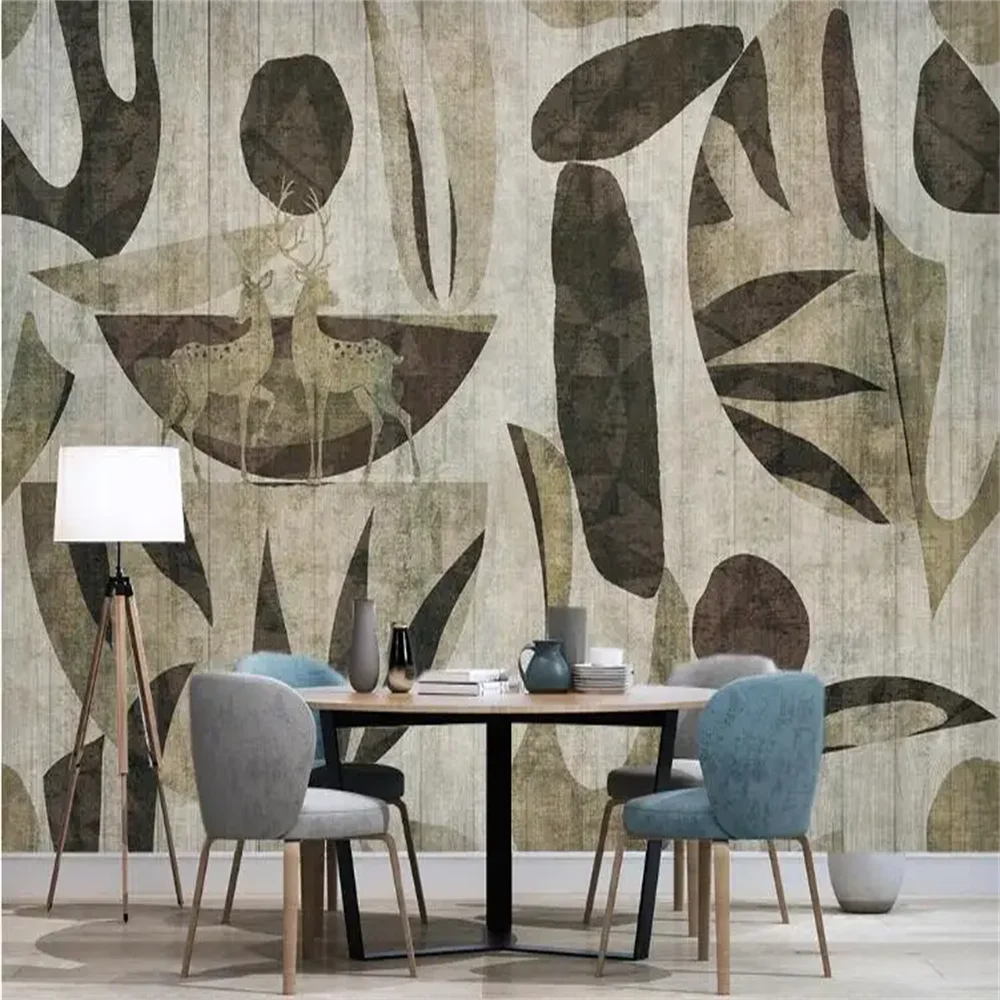 

Custom Photo Wallpaper for Living Room TV Sofa Bedroom Wall Painting 3D Vintage wood plank elk plant mural Wall Paper Stickers