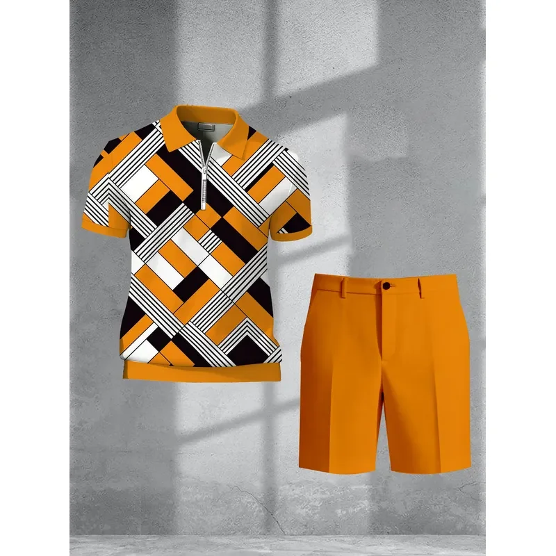 1 top (without pants) men's casual geometric print, short-sleeved zip-up polo shirt,