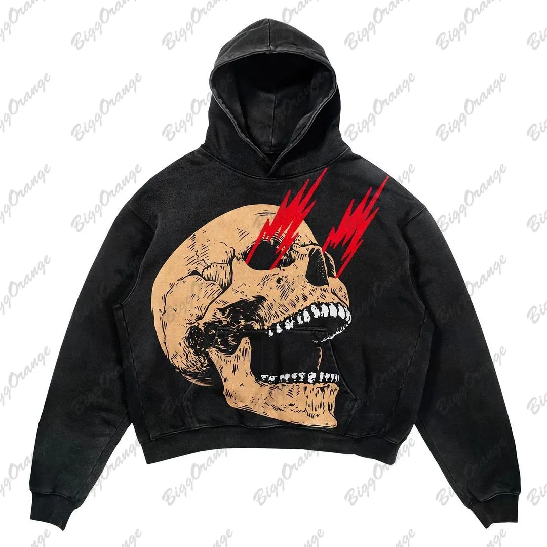 Y2K New Dark Oversize hoodie Skull Print High Street Hip-hop Retro Design Coat Thickened Top sudaderas para mujer  harajuku