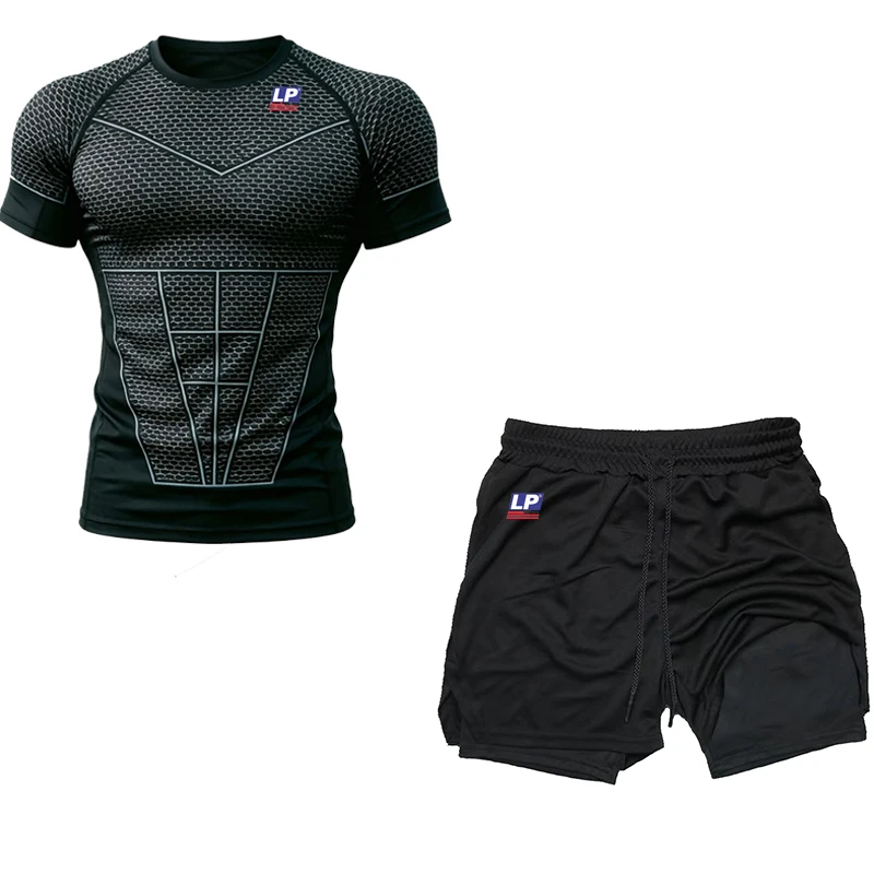 

LP SUPPORT Men's Breathable Casual Quick-Dry Double-Layer Shorts + Top - Summer Running and Sports Set - Comfortable and Refresh