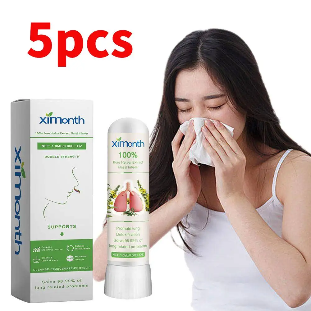 5pcs Pure Herbal Extract Nose Inhaler Cylinde Refresh Brain Anti Fatigue Tube Cure Stuffy Runny Nose Nasal Inhaler