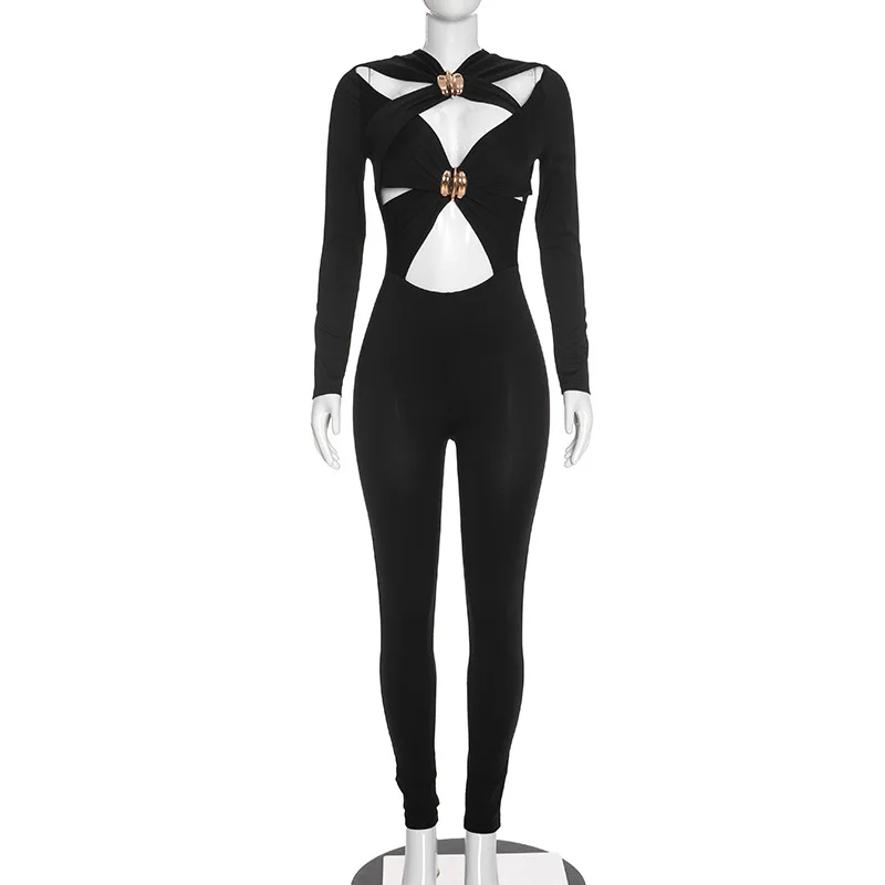 Sexy Elegant Jumpsuits 2026 Women Fall Clothes Luxury Club Metal Buckle Bodycon Luxury One Piece Hollow Out Jumpsuit Bodysuit