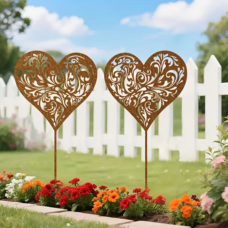Mother's Day Gift Pair of Filigree Heart Metal Garden Stakes - Rustproof Outdoor Decor - Intricate Silhouettes for Mom’s Yard