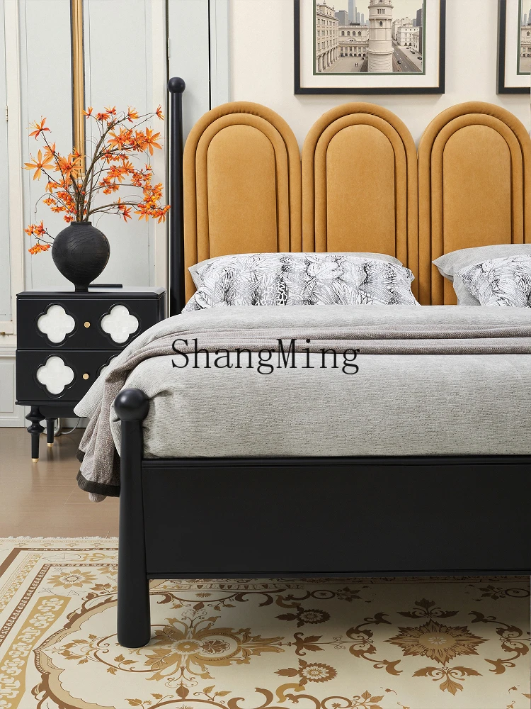 HJ new retro medieval style master bedroom soft bag high sense modern home solid wood double bed
