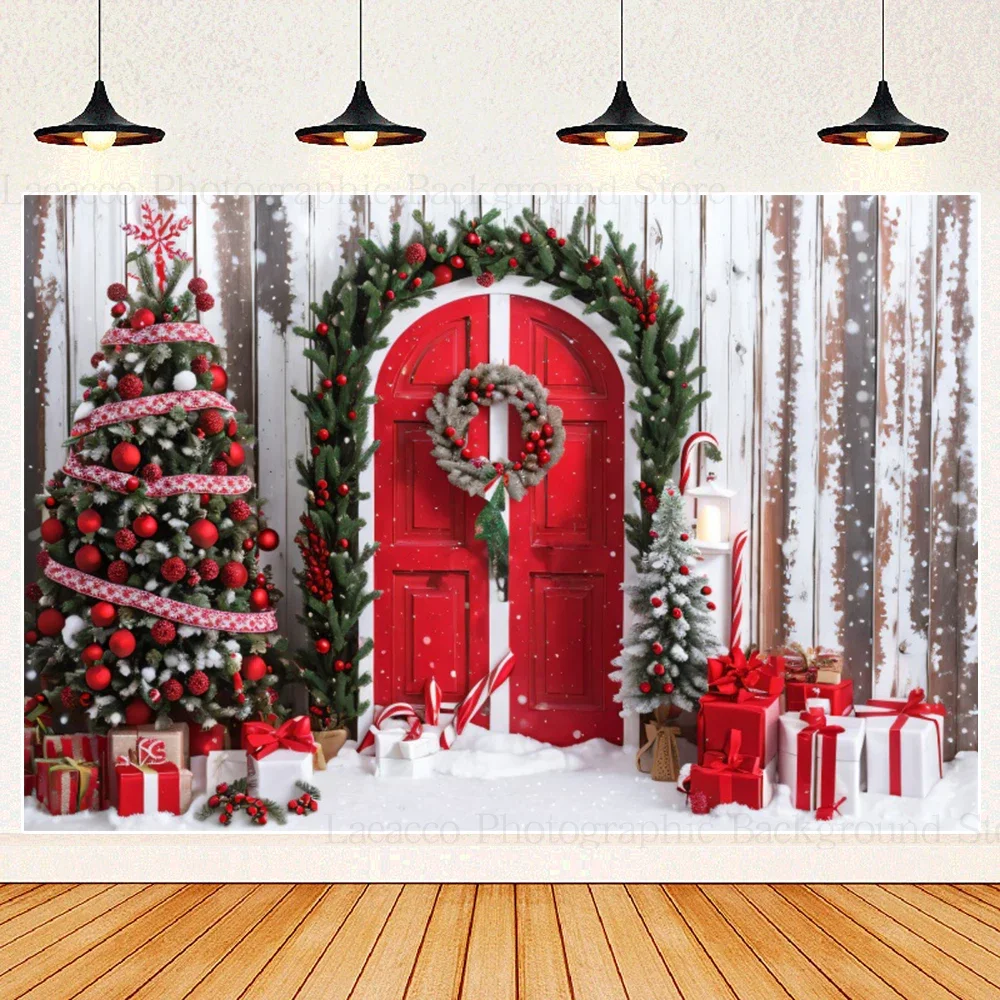 

Christmas Backdrop Red Barn Door Snowflake Wooden Door Wreath Christmas Tree Xmas Family Gathering Photo Background Photo Props