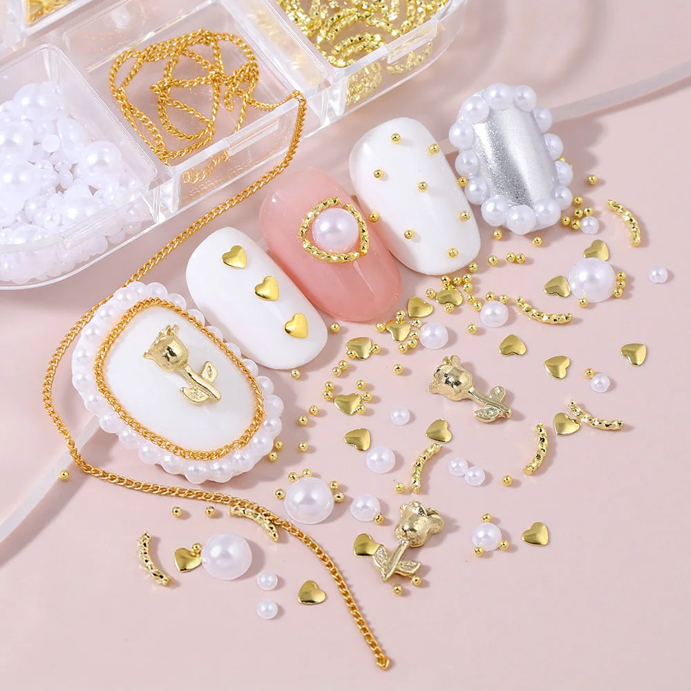 6 قطع من زينة الأظافر المعدنية على شكل قلب وردة، سلاسل ذهبية، أحجار الراين المعدنية للأظافر، خرز الكافيار الصغير، لآلئ لتزيين الأظافر