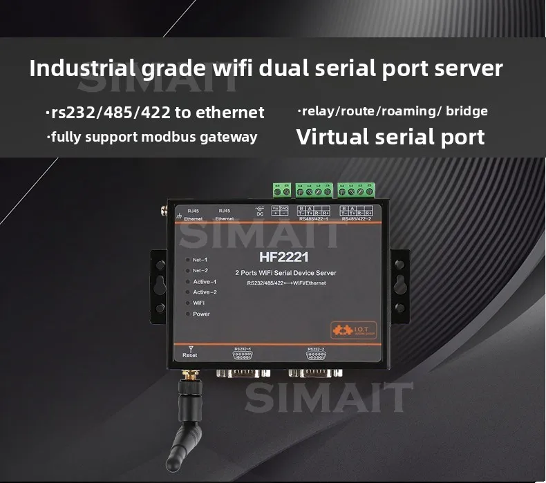 Industrial 2-Port Serial Device Server RS232/RS422/RS485 to Ethernet/Wi-Fi Converter TCP/IP Telnet Modbus