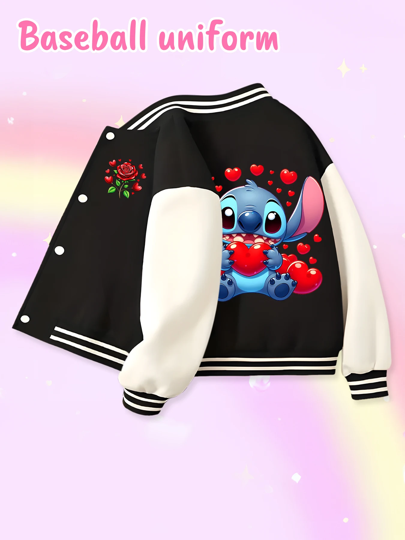 Disney fashion trend baseball jacket, suitable for daily sports and casual wear, printed with cute Stitch pattern, nice gift.