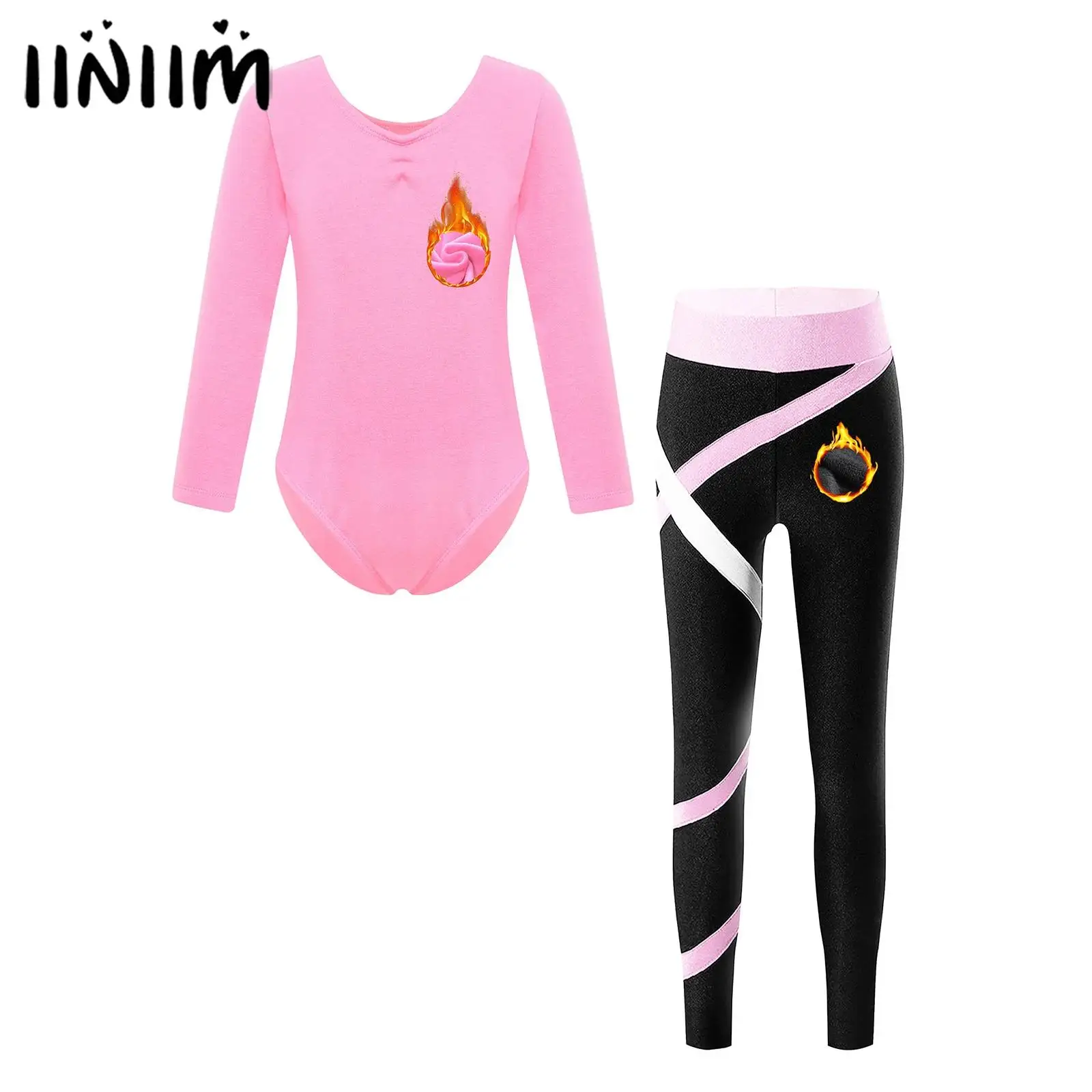 Kids Girls Gymnastics Figure Skating Ballet Dance Costume Fleece-Lined Outfit Long Sleeve Round Neck Leotard with Leggings Set