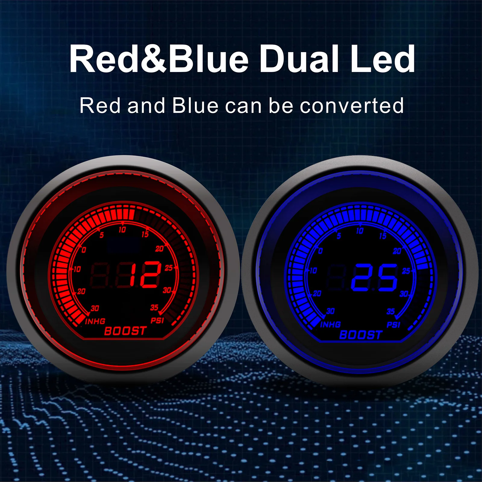 Round 52mm Blue & Red Backlight Boost/Tachometer/Air Fuel Ratio/Exhaust Temp/Water Temp Oil Temp/Voltage Instrument LCD Display