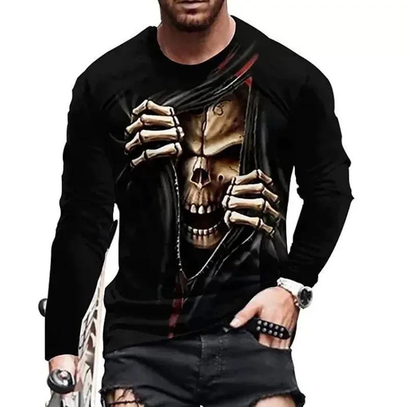 New Tide Skull Pattern European Size long Sleeved T-shirt For Men\'s Casual Autumn  Top Round Neck Tee