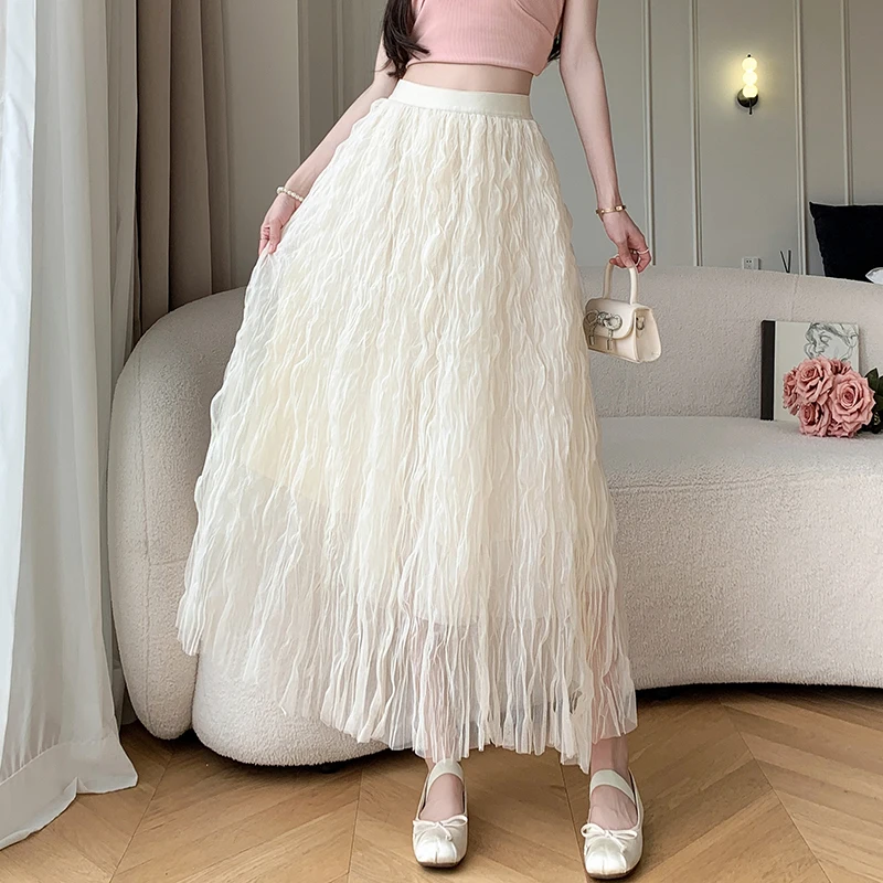 

Chic Fashion New 2024 Spring Summer Women Mesh Skirt Girl Elastic High Waist Skirts Long Mermaid Female Bottoms For Slim Women