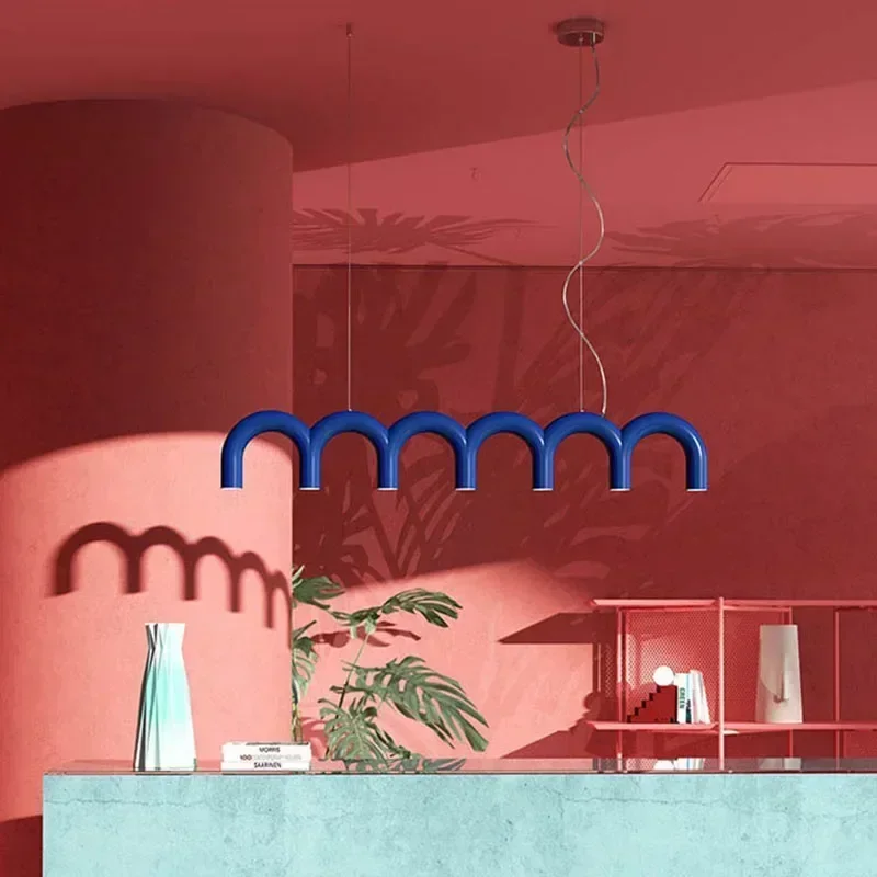 

Long Arch Chandelier Design LED Multi-color Metal Macaron Lamp Kitchen Sink Lighting Pendnat Lights Bar Restaurant Lighting