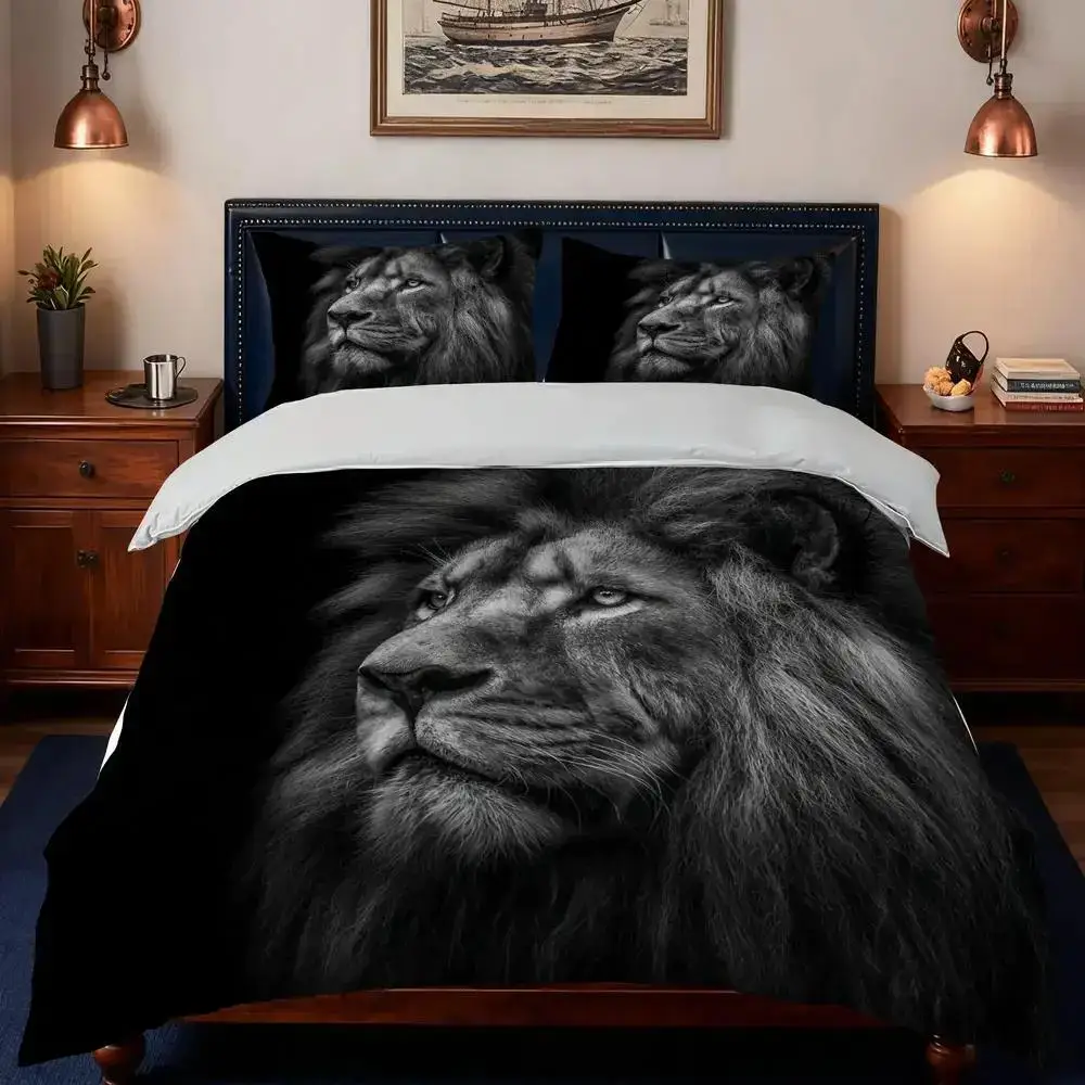 Majestic Black Lion in Artistic Style, Bold and Graceful 3D Print Duvet Cover Set, Luxury Animal Bedding for Bedroom Decor
