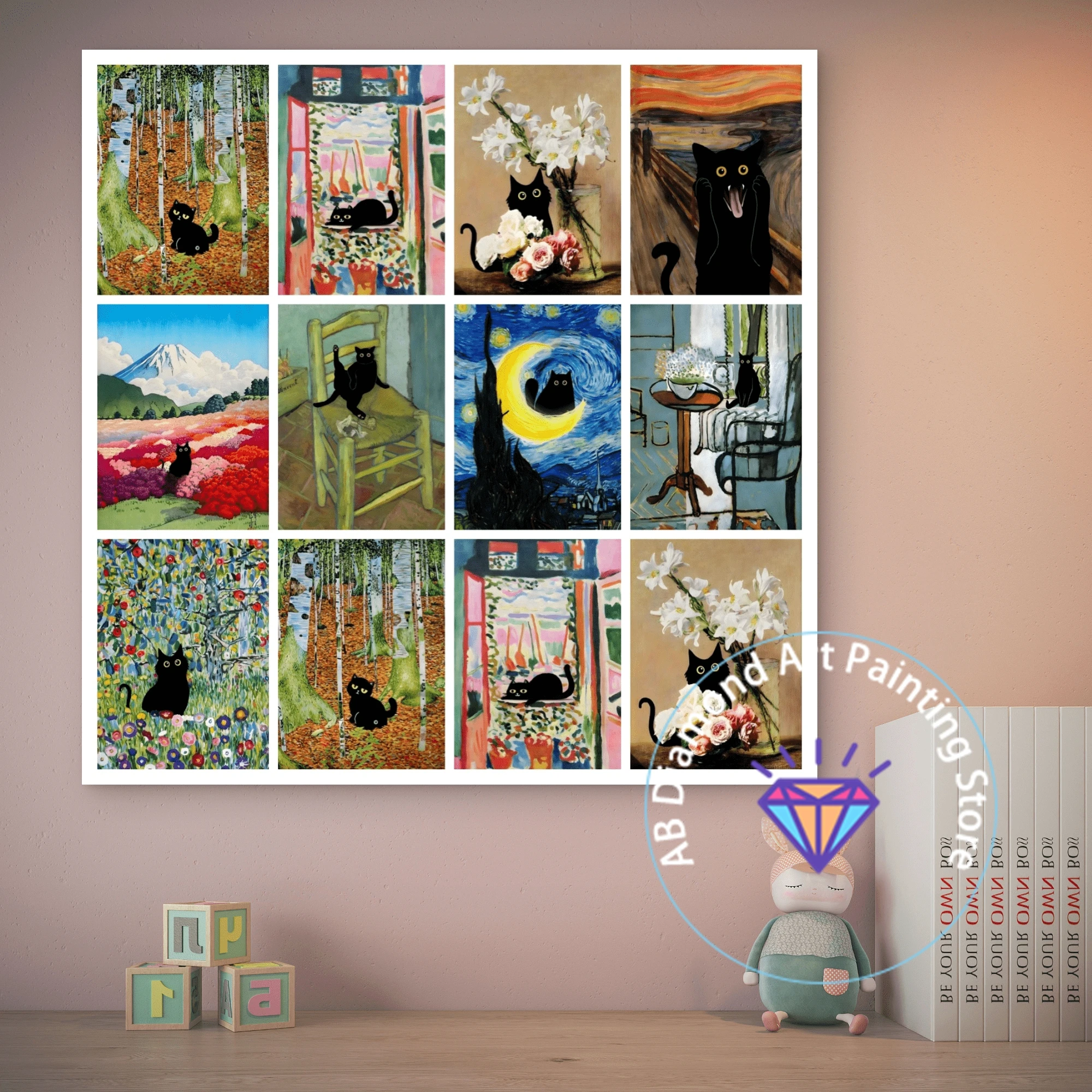 

Funny Black Cat AB Diamond Painting Kit DIY Diamond Handmade Art Monet Van Gogh Gustav Picuture Exquisite Gift Home Decoration