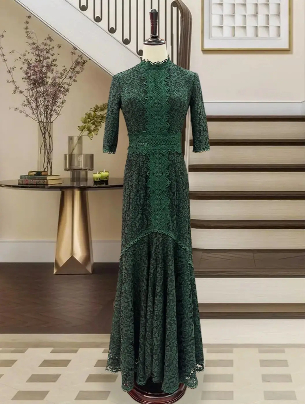 Robe en dentelle coupe couvertes sur mesure, jupe longue coupe haute et basse, vert clair, bleu clair