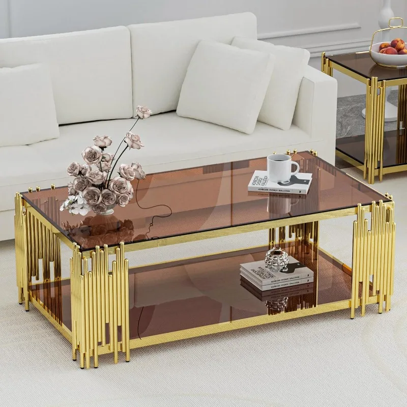 Glass Coffee Table Modern Living Room Table Gold Stainless Steel Metal Leg Rectangular Brown Tempered Glass 51