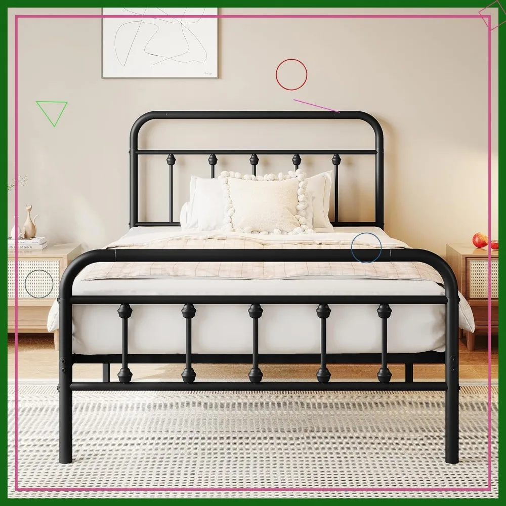 Twin Metal Platform Bed Frame with Victorian Headboard, Steel Slat Support, Easy Assembly, Underbed Storage
