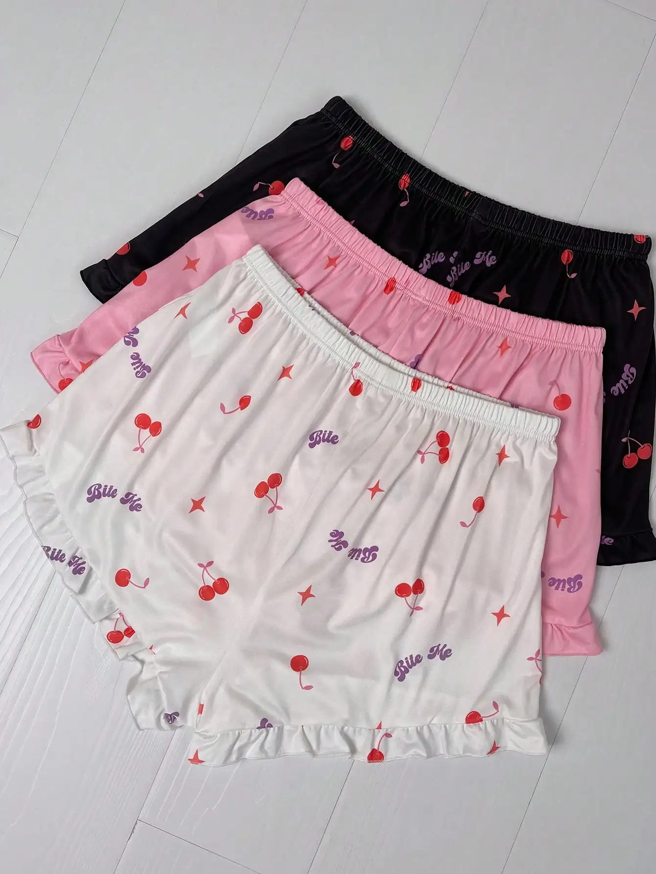 Women Pajama Shorts Set Summer Ruffled Edge Allover Prints Cherry Letter Sleepwear Pants Casual Fashion Wear