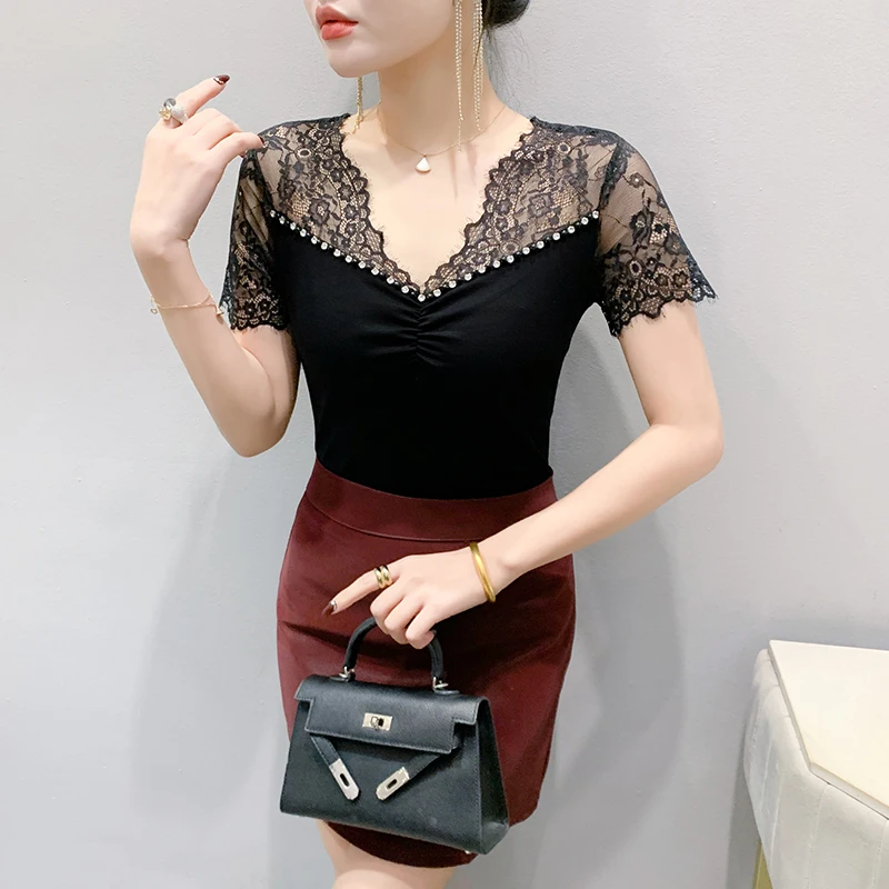 2025 été nouvelle mode Patchwork dentelle chemise à la main perlée femmes t-shirt mince coréen à manches courtes décontracté hauts