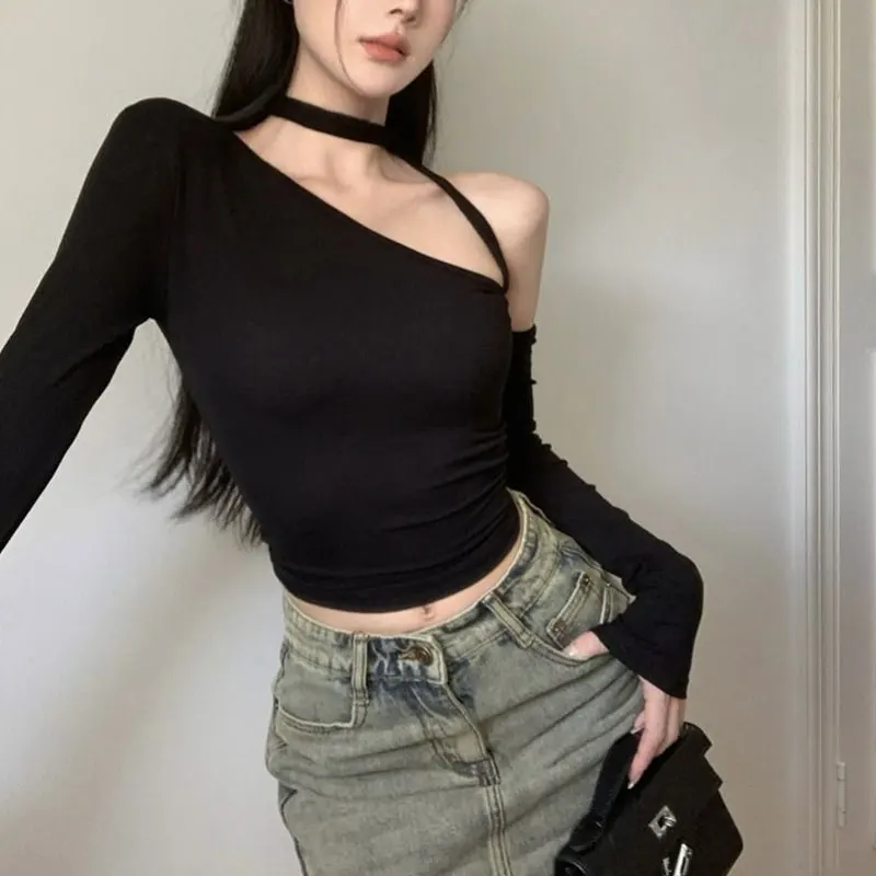 

Irregular Skew Collar Slim T-shirts Female Clothing Solid Color Basic Spring Autumn Long Sleeve Stylish Off Shoulder Pullovers