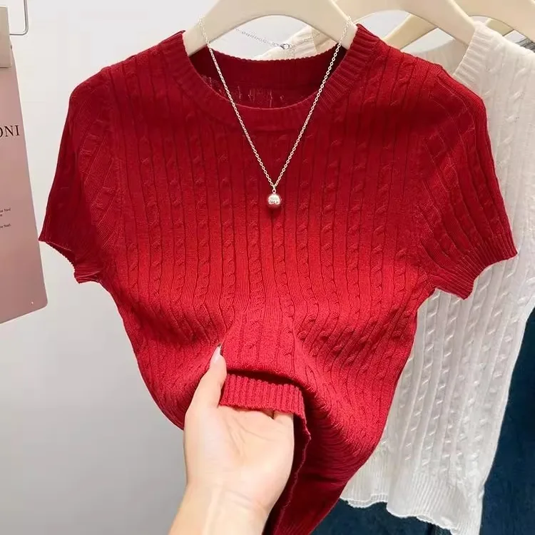 قميص نسائي جديد بقصة ضيقة وأكمام قصيرة، قميص صيفي رقيق، كاجوال متعدد الاستخدامات، قصير، نمط التنقل، رقبة مستديرة، طول قصير