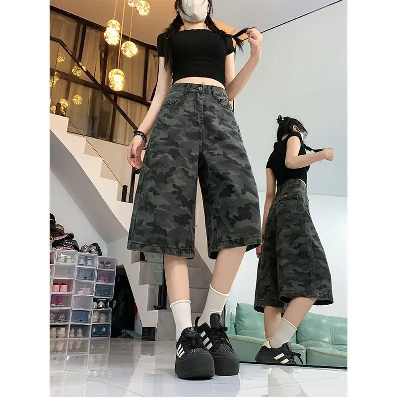 

High Street Камуфляжные широкие джинсы Seven-Foot для женщин, большие размеры, летние толстые мм, с высокой талией, свободные узкие прямые брюки, джинсовые шорты