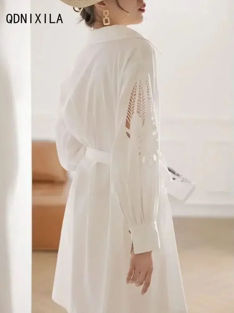Vestido de mujer Diseño calado Vestidos blancos Camisa de manga larga Vestido de verano Vestido de una pieza Vestidos de mujer elegantes y bonitos