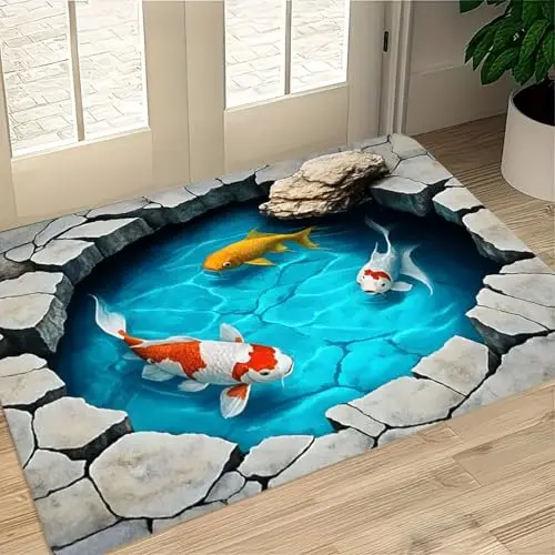 Bathroom Floor Mat 2D Optical Illusion Pond Realistic Swimming Turtle Vibrant Swimming Creatures Cracked Rock Cliffs Border