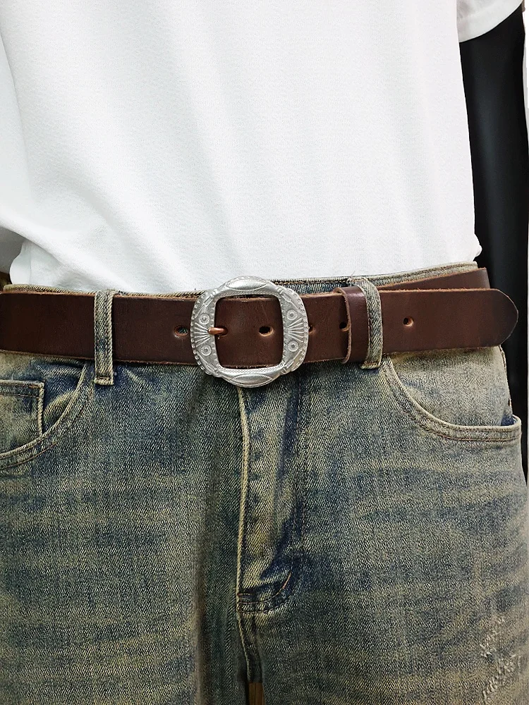 手作りの純牛革ベルト、ヴィンテージ彫刻バックル、シンプルで多用途な幅広ウエストベルト、男女兼用、トレンディベルト