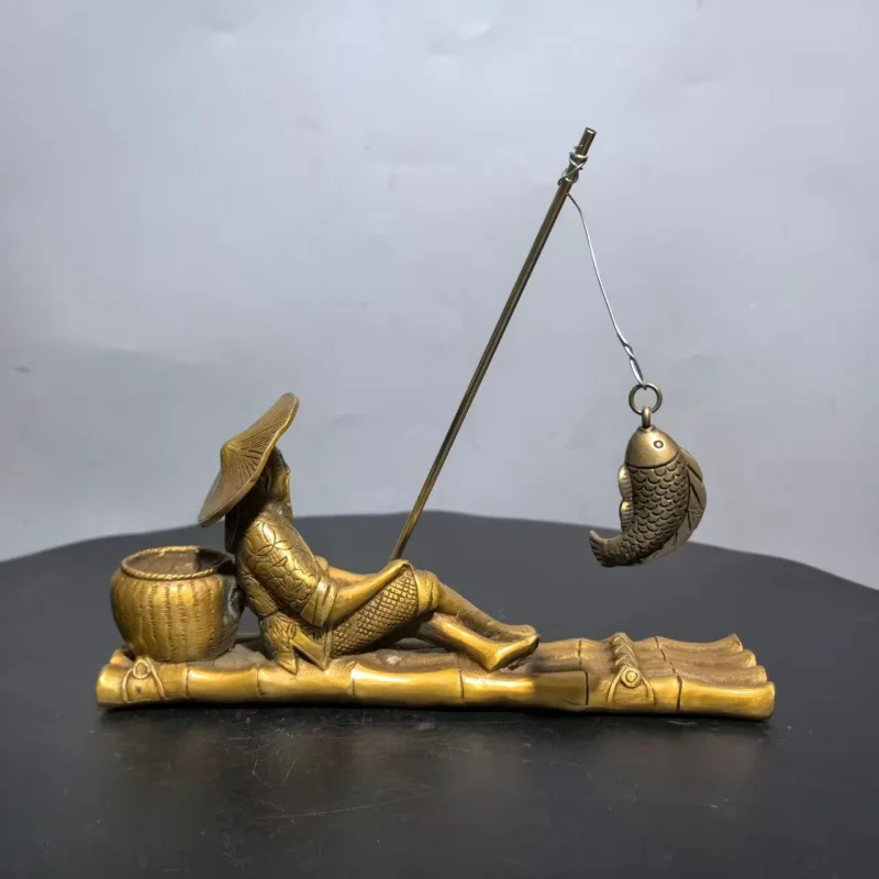 Bamboo Raft Pure Brass Ornament Chinese Style Fisherman Fishing Alone Craft Gift Office Desktop Decoration