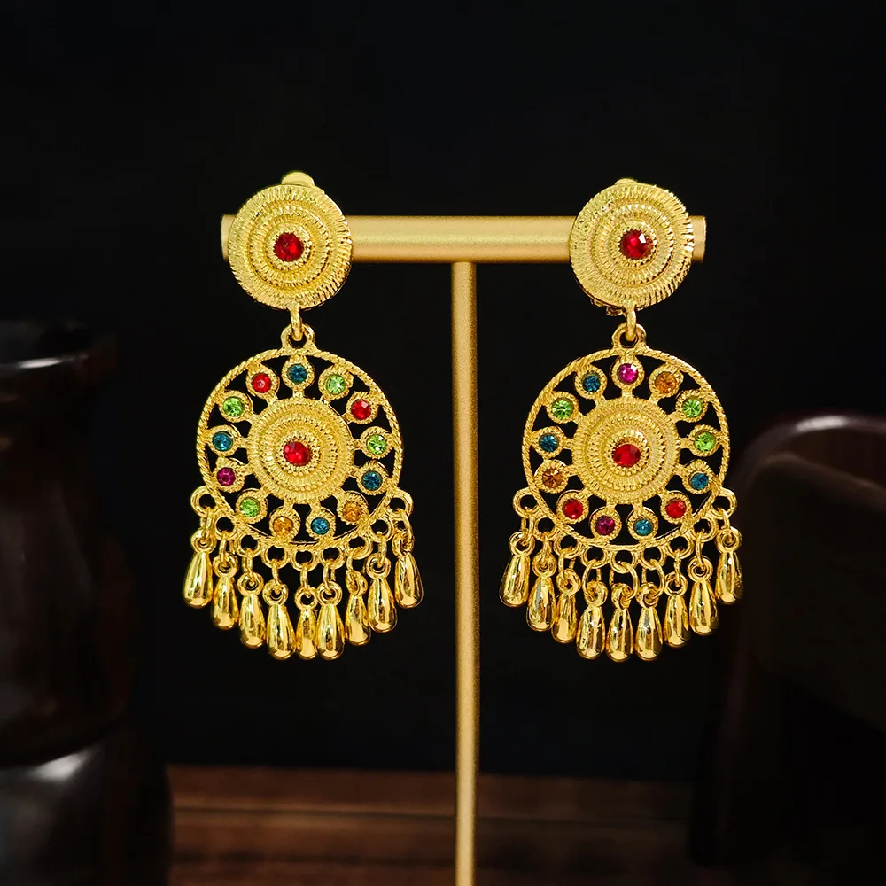 

European and American Bohemian ethnic style long earrings water drop tassel ear clips no ear piercing ear clips for women
