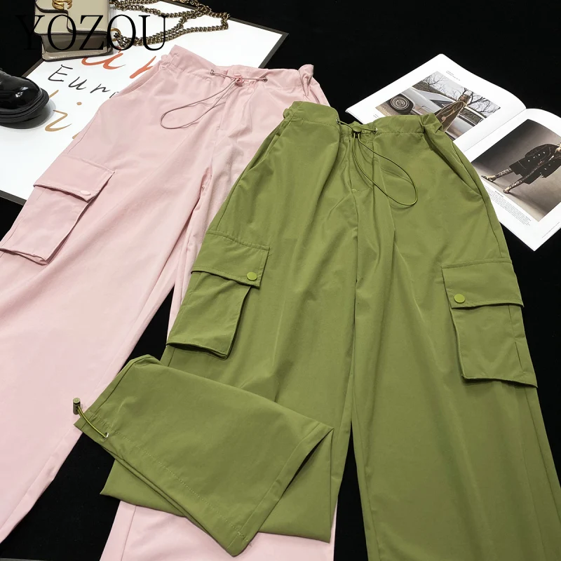 

[YOZOU] Spring Pink Green Baggy Parachute Cargo Pants Black Gray Oversized Loose Wide Leg Trousers Women High Streetwear Bottom