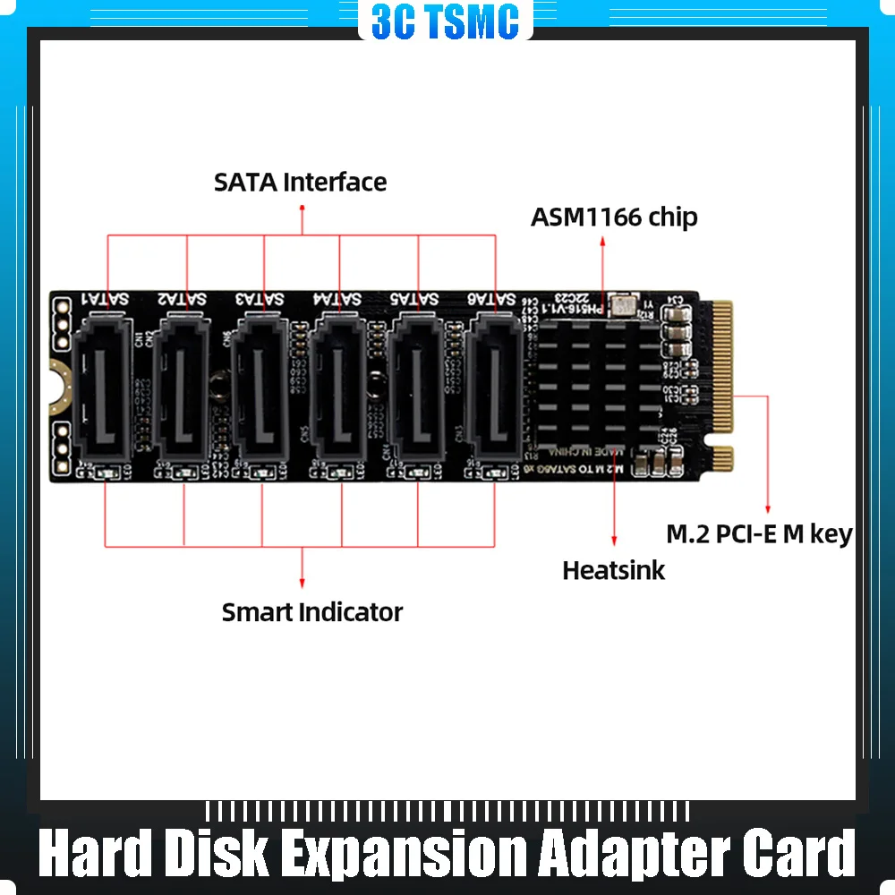 

M2 M-EKY PCIE3.0 To SATA6G Docking Expansion Card Overvoltage Protection Expansion Card Adapter Card for Hard Disk Support SATA