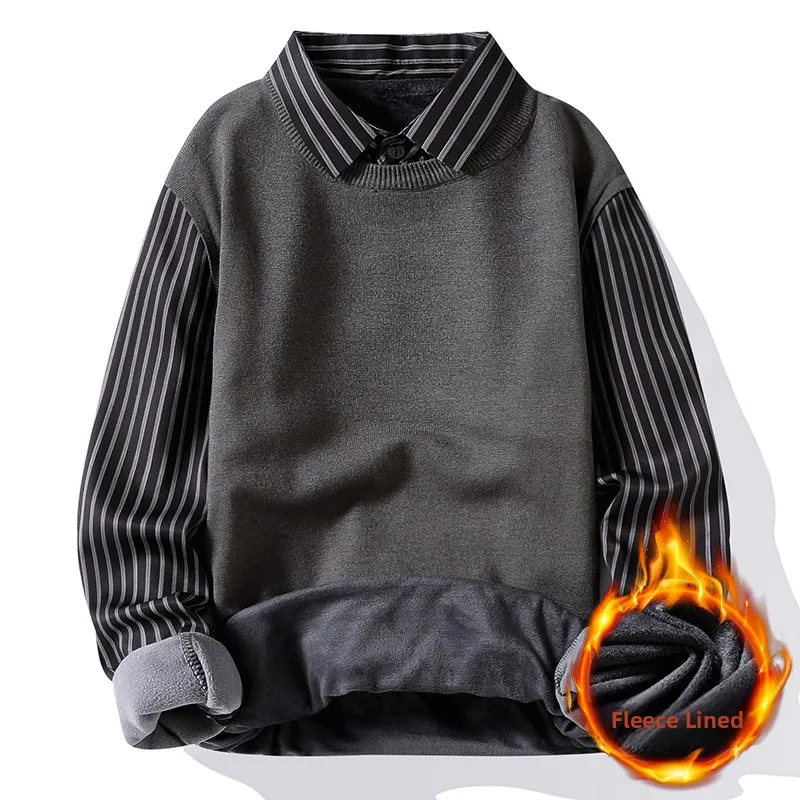 

Мужской трикотажный свитер премиум-класса с эффектом двухслойности, с воротником-стойкой, на флисовой подкладке, базовый слой, зимний, модный, в корейском стиле, с длинным рукавом