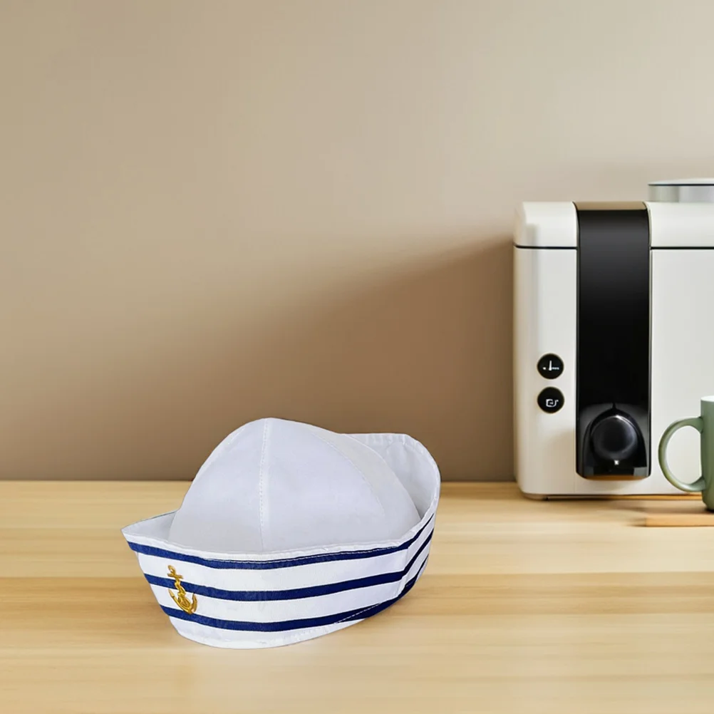 

Round Top Blue White Sailor Hat Brimless Striped Design Nautical Theme Adult Captain Costume Halloween Party Hat
