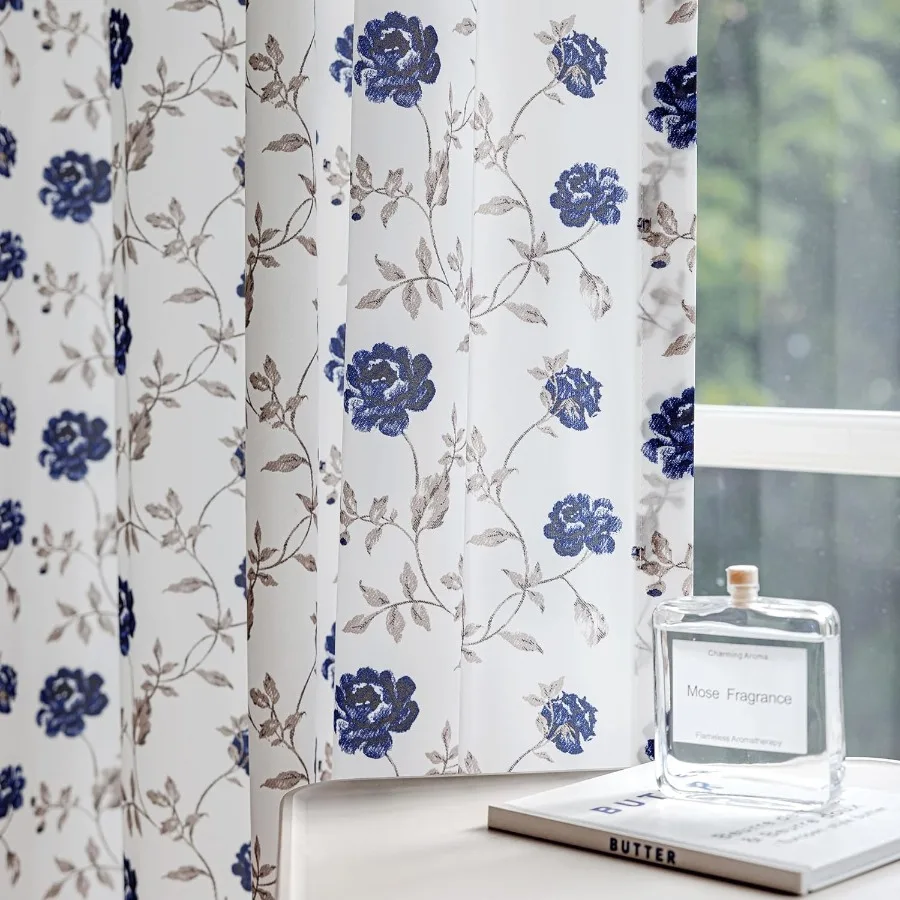 

Прозрачные шторы с цветочным принтом длиной 84 дюйма, 2 панели для спальни, гостиной, сине-коричневые, с цветочным узором, винтажная роза, фильтрация света