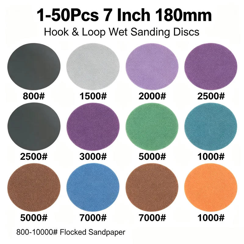 1-50Pcs 7 Inch 180mm Hook & Loop Wet Sanding Discs 800-10000# Flocked Sandpaper for Polishing and Grinding Work