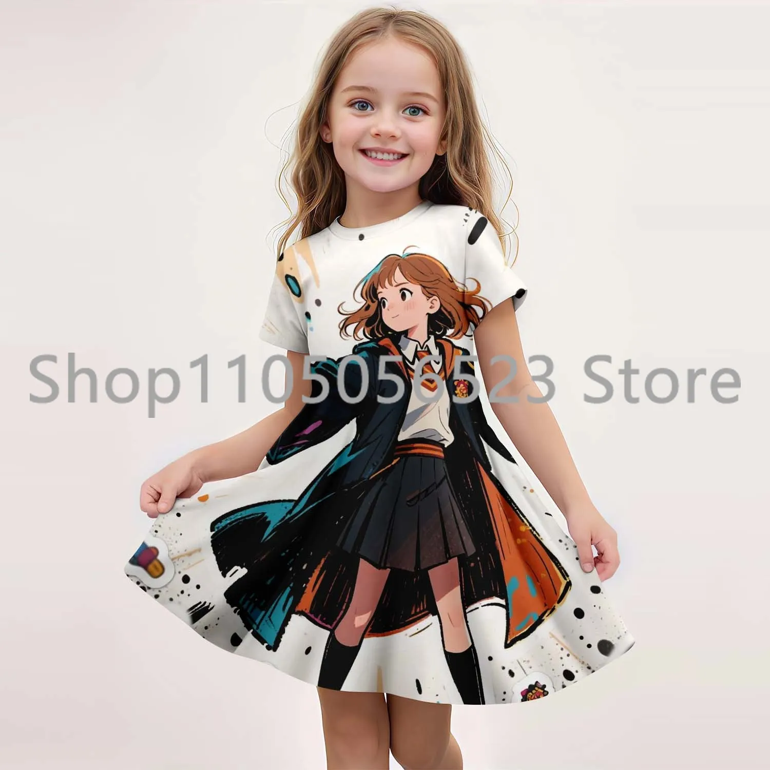 MINISO nuevo vestido de verano para niñas, vestido bonito de dibujos animados de Harry Potter con estampado 3D, ropa de princesa de manga corta para niños