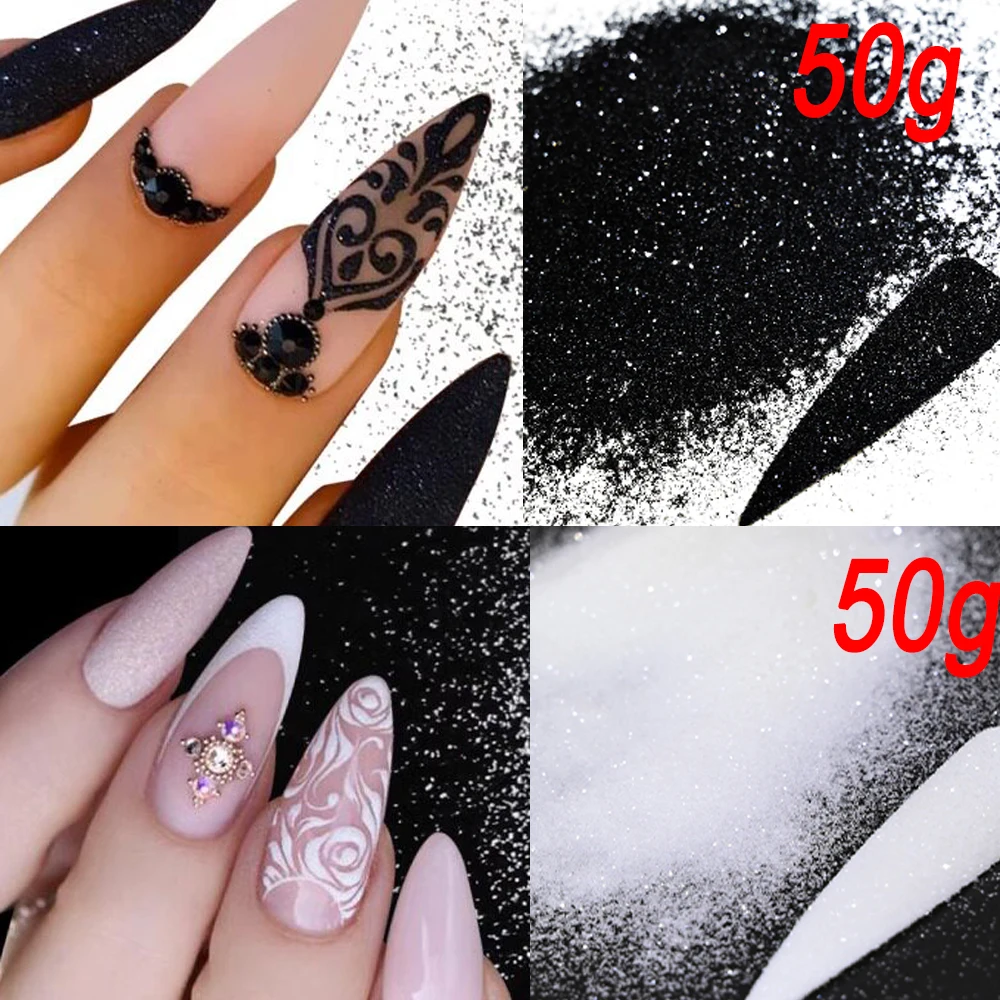 

Набор из 2 цветов, 50 г, черно-белый сахарный глиттер для ногтей, 0,2 мм, блестящий зимний пигмент для ногтей, УФ-гель-лак, пудра для ногтей