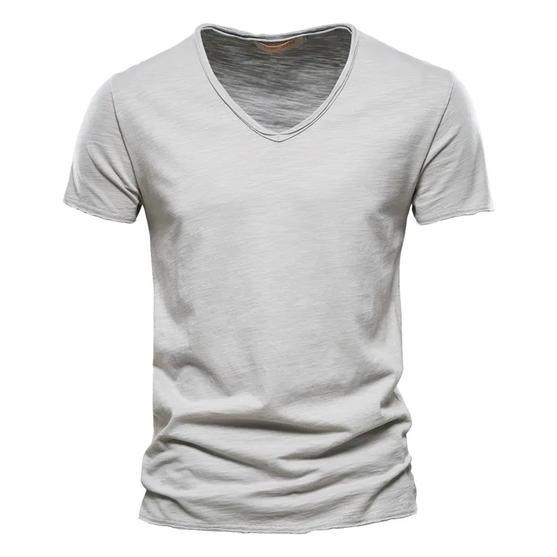 Solid Men\'s T-shirt Summer Cotton V-neck Short Sleeve Tops Tees Slim Fit Sweatshirt Tees Casual Male Quality Breathable Pullover