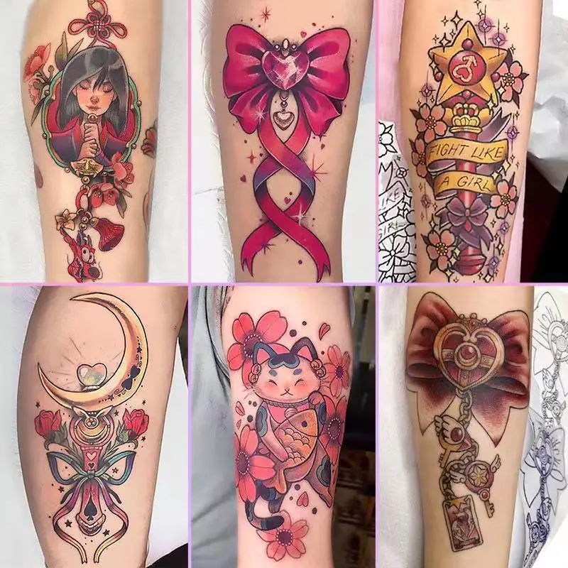 

9pc/Lot Cartoon Beautiful Girl Waterproof Temporary Tattoo Stickers Bow Staff Fake Tattoo for Woman Tatouage Femme Sexy Adesivos