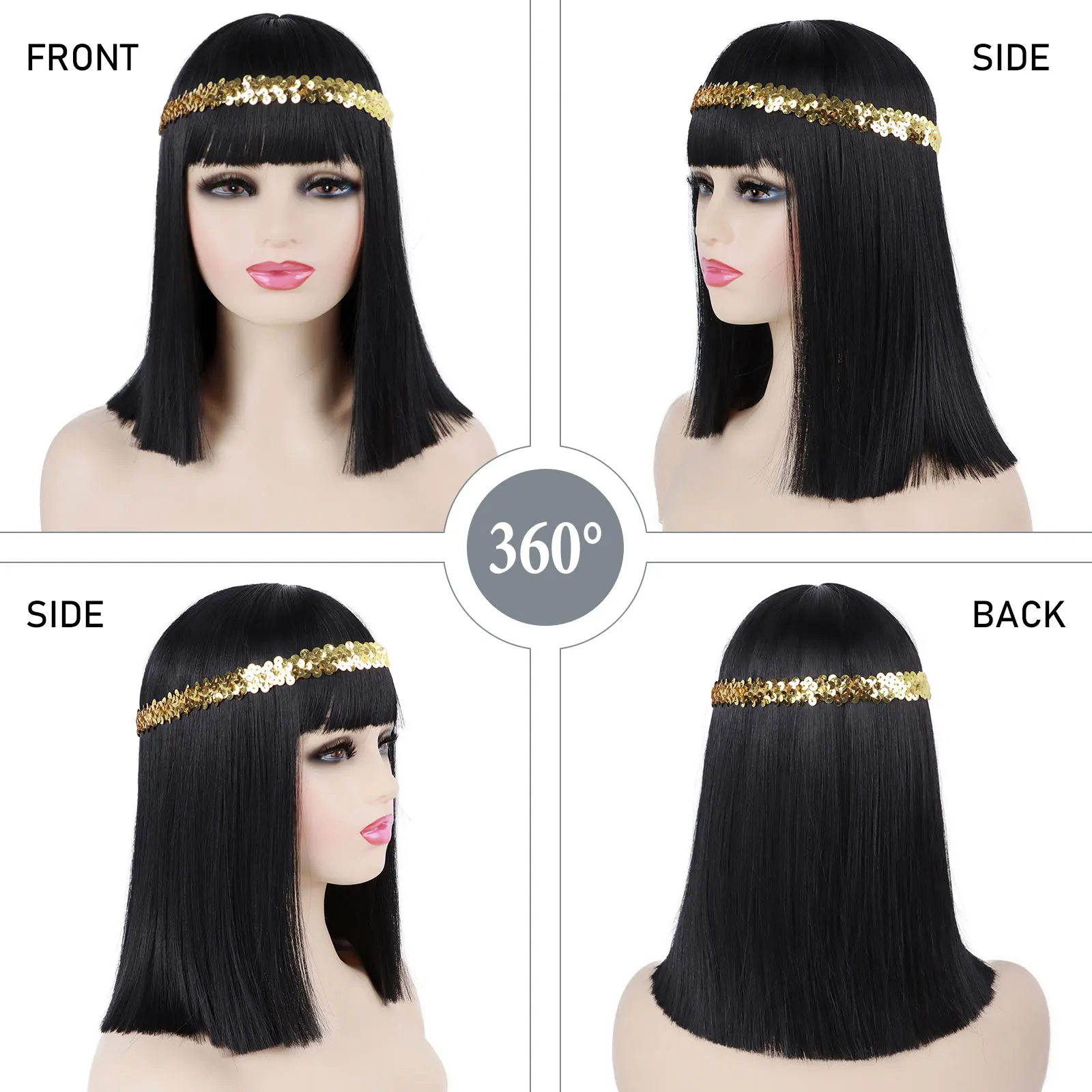 14Inch Synthetic Egypt Queen Cleopatra Wig Short Straight Black Hair with Bangs Halloween Party Carnival Cosplay Wigs
