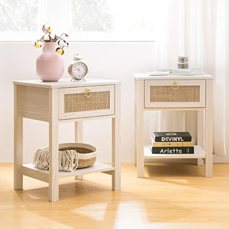 Modern Set Of 2,Rattan Decor Drawer With Brass Knobs Night Stand Wood Bedside Table Boho End Tables Side Tables