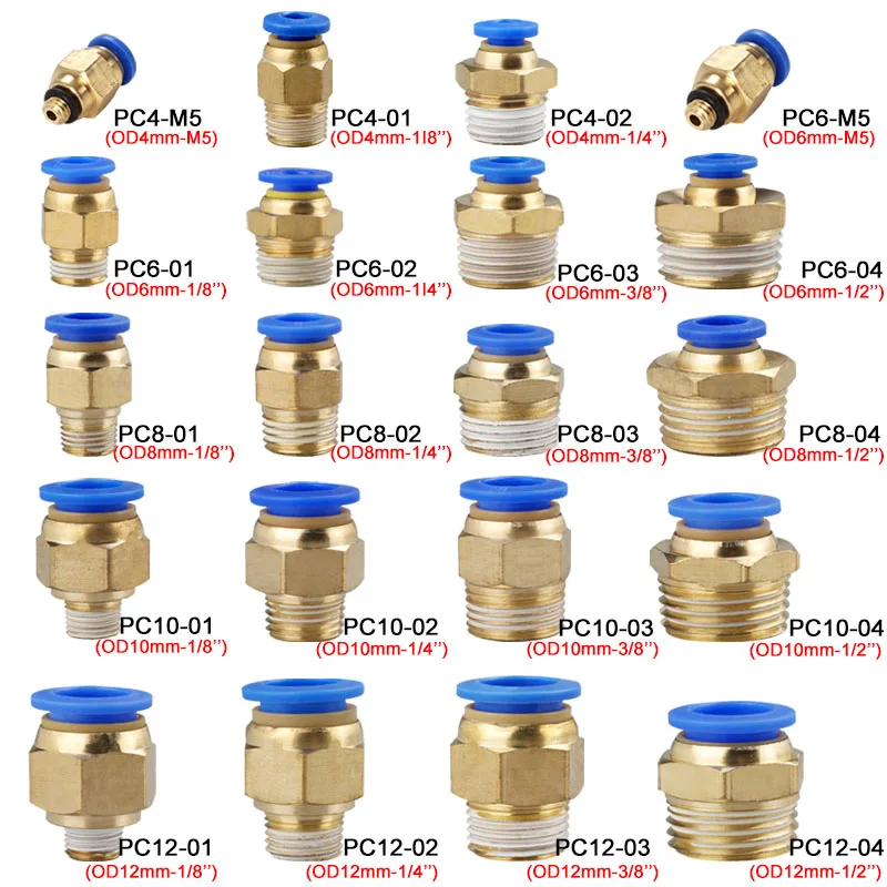 20PCS Pneumatic Air Connector Fitting PC 4mm 6mm 8mm 10mm 12mm Thread 1/8